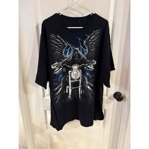 Vintage All Over Print Grim Reaper Skeleton Motorcycle Black Shirt Men's 2XL